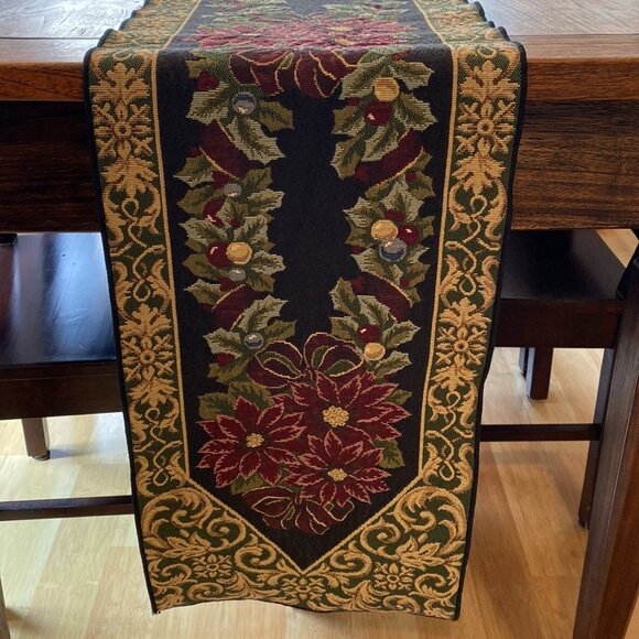 Vintage Tapestry Style Table Runner w/Burgundy Poinsettias & Holly Berri… - Picture 2 of 13